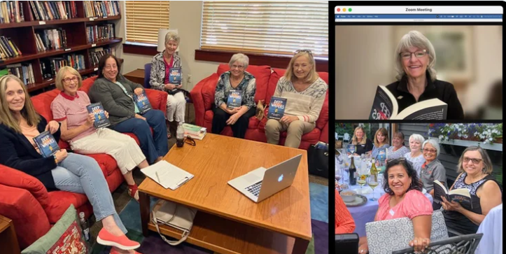 A reading group meeting in person with a remote author joining by video